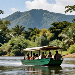 Caribbean Holidays, Jamaica Safari Holidays, Visitors enjoying a gentle safari adventure in Jamaica, with a river boat, tropical forest and mountain scenery in the background
