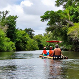 Caribbean Holidays, Jamaica Safari Holidays, Visitors enjoying a peaceful Jamaican river excursion in January, with a bamboo raft or small boat passing through green tropical scenery