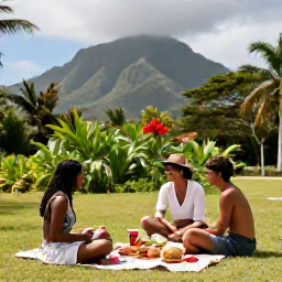 Caribbean Holidays, Jamaica Safari Holidays, Visitors enjoying a relaxed Jamaican safari day with a picnic, tropical vegetation and mountains in the background