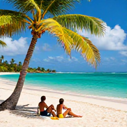 Caribbean Holidays, Jamaica Safari Holidays, Visitors relaxing beside a Jamaican beach after a countryside safari, with palms and turquoise sea