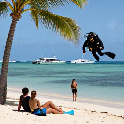 Caribbean Holidays, Jamaica Scuba Diving, A couple relaxing on a Jamaican beach after scuba diving, with palm trees, calm blue sea and dive boats offshore