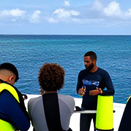 Caribbean Holidays, Jamaica Scuba Diving, A friendly Jamaican dive guide briefing holidaymakers beside a boat before a morning scuba trip in calm blue sea
