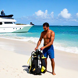 Caribbean Holidays, Jamaica Scuba Diving, A friendly Jamaican dive guide preparing scuba equipment beside a tropical beach before a morning boat trip