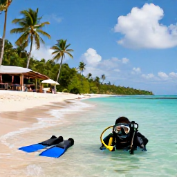 Caribbean Holidays, Jamaica Scuba Diving, A relaxed Jamaican beach scene after diving, with fins and a mask beside turquoise water, palm trees and a shaded beach bar