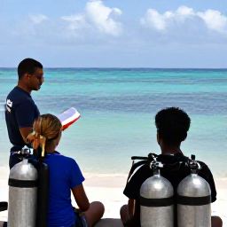 Caribbean Holidays, Jamaica Scuba Diving, Friendly Jamaican dive guide briefing holidaymakers beside scuba tanks at a tropical seaside dive centre