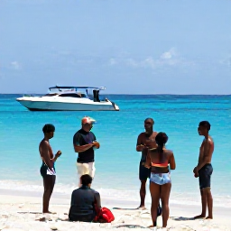 Caribbean Holidays, Jamaica Scuba Diving, Friendly Jamaican dive instructor briefing holidaymakers beside a dive boat on a sunny Caribbean beach