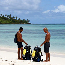 Caribbean Holidays, Jamaica Scuba Diving, Friendly Jamaican dive instructors preparing scuba equipment beside a tropical beach and calm sea