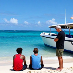Caribbean Holidays, Jamaica Scuba Diving, Friendly professional dive guide briefing holidaymakers beside a boat on a sunny Jamaican beach before a scuba excursion
