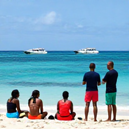 Caribbean Holidays, Jamaica Scuba Diving, Friendly scuba diving instructor briefing holidaymakers beside a Jamaican beach, dive boats and clear blue sea in the background