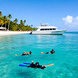 Caribbean Holidays, Jamaica Scuba Diving, Jamaican dive boat returning towards a palm-fringed coastline in bright sunshine, divers relaxing after a reef dive