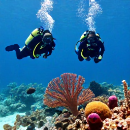 Caribbean Holidays, Jamaica Scuba Diving, Jamaican scuba divers exploring a shallow coral reef with tropical fish, sea fans and colourful sponges near the coast