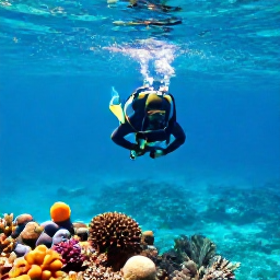 Caribbean Holidays, Jamaica Scuba Diving, Scuba diver descending through clear turquoise Caribbean water above a colourful Jamaican coral reef in bright January sunshine