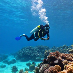 Caribbean Holidays, Jamaica Scuba Diving, Scuba diver exploring a colourful coral reef in clear turquoise Jamaican water, tropical fish and sunlight filtering from the surface