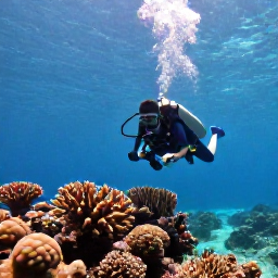 Caribbean Holidays, Jamaica Scuba Diving, Scuba diver inspecting a healthy Caribbean coral reef in calm, clear water off Jamaica during a sunny holiday morning