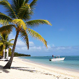Caribbean Holidays, Jamaica Scuba Diving, Small dive boat leaving a peaceful Jamaican beach with palm trees and blue Caribbean sea in November