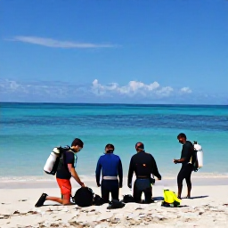 Caribbean Holidays, Jamaica Scuba Diving, Small group of scuba divers preparing equipment beside a sunny Jamaican beach with calm turquoise sea