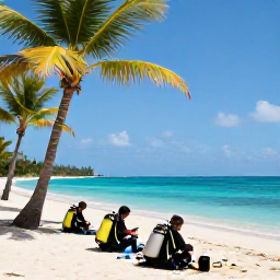 Caribbean Holidays, Jamaica Scuba Diving, Small group of scuba divers preparing equipment beside a tropical Jamaican beach with palm trees and bright blue sea