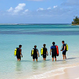 Caribbean Holidays, Jamaica Scuba Diving, Small group of scuba divers preparing to enter calm Caribbean water beside a Jamaican beach