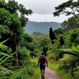 Caribbean Holidays, Jamaica September, Hiker walking through lush Blue Mountains in Jamaica after a light tropical shower, green forest and distant views