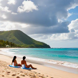 Caribbean Holidays, Jamaica September Holidays, A couple relaxing on a quiet Jamaican resort beach after a brief tropical shower, with sun returning over green hills and turquoise sea