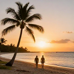 Caribbean Holidays, Jamaica September Holidays, A couple walking beside a calm Jamaican beach at sunset, with warm golden light and palm trees