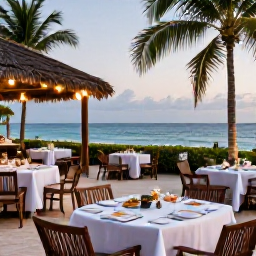 Caribbean Holidays, Jamaica September Holidays, A friendly Jamaican resort evening with outdoor tables, Caribbean food and gentle lights near the sea