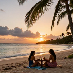 Caribbean Holidays, Jamaica September Holidays, Couples enjoying a peaceful sunset on a Jamaican beach, with a small cocktail table, soft golden light and palm-fringed shoreline