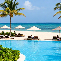 Caribbean Holidays, Jamaica September Holidays, Jamaican all-inclusive resort pool overlooking a sandy beach, with guests relaxing beneath palm umbrellas