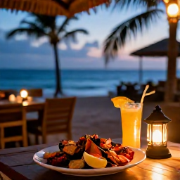 Caribbean Holidays, Jamaica September Holidays, Jamaican beach restaurant at dusk with grilled seafood, tropical drinks, warm lantern light and the sea in the background