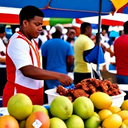 Caribbean Holidays, Jamaica September Holidays, Jamaican street food market in September, with jerk chicken, fresh fruit, colourful stalls and friendly local vendors