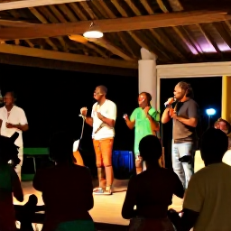 Caribbean Holidays, Jamaica September Holidays, Live reggae performance at an outdoor Jamaican venue, with musicians on stage, dancing visitors and a relaxed evening atmosphere