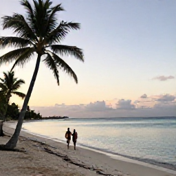 Caribbean Holidays, Jamaica September Holidays, Quiet Jamaican beach at sunset in September, with palm trees, calm turquoise water and a couple walking along the shore