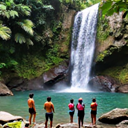 Caribbean Holidays, Jamaica September Holidays, Visitors exploring a lush Jamaican waterfall and forest pool in September, with clear water, tropical plants and a local guide
