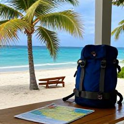 Caribbean Holidays, Jamaica September, Simple Jamaican guesthouse near a palm-lined beach, backpack and travel map on a wooden table, relaxed September holiday mood