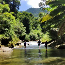 Caribbean Holidays, Jamaica September Tours, Guided tour through lush Jamaican mountains and rainforest, with a small group walking beside a clear river