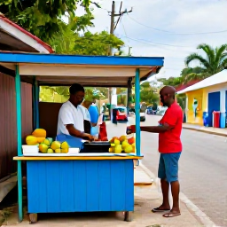 Caribbean Holidays, Jamaica Solo Holidays, A colourful Jamaican street with a friendly local food stall, tropical fruit, jerk cooking and relaxed visitors