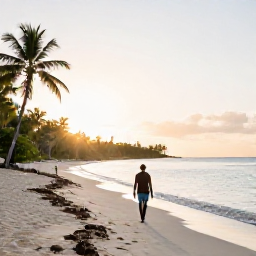 Caribbean Holidays, Jamaica Solo Holidays, A solo traveller walking along a bright Jamaican beach at sunrise, with calm turquoise water and palm trees