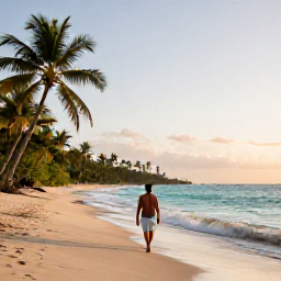 Caribbean Holidays, Jamaica Solo Holidays, A solo traveller walking along a quiet Jamaican beach at sunrise, with turquoise sea, palm trees and soft golden light