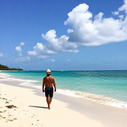 Caribbean Holidays, Jamaica Solo Holidays, April sunshine over a Jamaican coastline with a solo visitor walking along a sandy beach, light sea breeze and scattered clouds