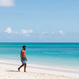 Caribbean Holidays, Jamaica Solo Holidays, August sunshine over Negril's Seven Mile Beach in Jamaica, calm turquoise water, soft sand and a solo traveller walking beside the sea