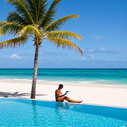 Caribbean Holidays, Jamaica Solo Holidays, Bright Jamaican resort swimming pool beside a sandy beach, solo traveller reading under a palm tree during a relaxed September afternoon
