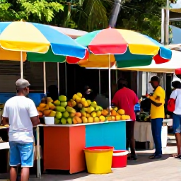 Caribbean Holidays, Jamaica Solo Holidays, Colourful Jamaican street market with fresh tropical fruit, local food stalls and friendly people in warm June sunshine
