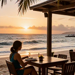 Caribbean Holidays, Jamaica Solo Holidays, Cosy Jamaican beach restaurant at sunset with a solo diner, local cuisine, gentle waves and warm evening light