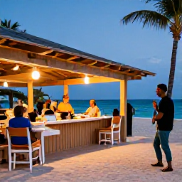 Caribbean Holidays, Jamaica Solo Holidays, Friendly Jamaican beach restaurant at dusk in December, solo traveller enjoying local food and live reggae music