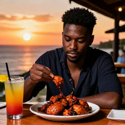 Caribbean Holidays, Jamaica Solo Holidays, Friendly Jamaican restaurant at sunset with a solo traveller enjoying jerk chicken and a colourful non-alcoholic drink