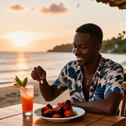 Caribbean Holidays, Jamaica Solo Holidays, Friendly Jamaican restaurant terrace at sunset with a solo traveller enjoying jerk chicken and a tropical drink