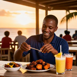 Caribbean Holidays, Jamaica Solo Holidays, Friendly solo traveller enjoying jerk chicken and tropical fruit at an outdoor Jamaican restaurant at sunset
