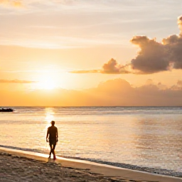Caribbean Holidays, Jamaica Solo Holidays, Golden sunset over Seven Mile Beach in Negril, Jamaica, with a solo traveller walking along the shoreline and calm Caribbean water