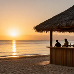 Caribbean Holidays, Jamaica Solo Holidays, Jamaican beach at sunset with a solo traveller seated near a relaxed beach bar, warm golden light and calm sea