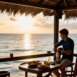 Caribbean Holidays, Jamaica Solo Holidays, Jamaican sunset over the sea with a solo traveller at a relaxed beach bar, warm evening light, local food and gentle live music